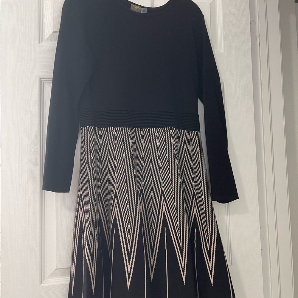 Taylor Black and Cream A-Line Long Sleeve Cocktail Dress